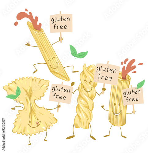 Pasta food, Cute cartoon character with signboard cartel gluten free set. vector illustration