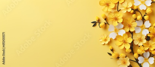 White and yellow spring flowers on yellow background.