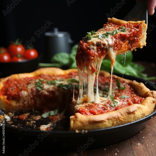 Chicago-Style Deep Dish Pizza: Thick Crust with Cheese and Chunky Tomato Sauce