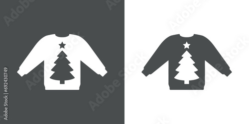 Logo con silueta de suéter feo de navidad con estampado de árbol de navidad con estrella para su uso en tarjetas y felicitaciones