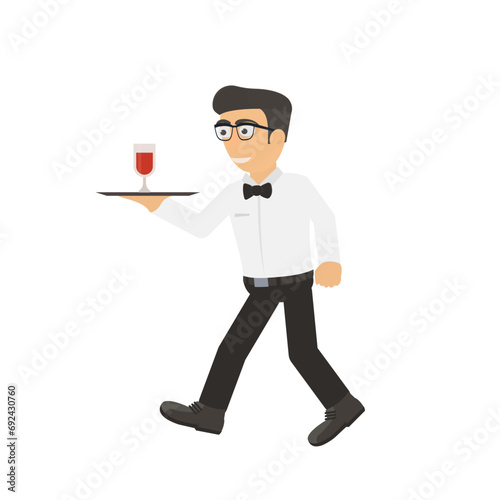Waiter. Man with a tray and glasses of wine, fulfilling an order, vector illustration