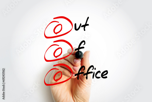 OOO Out Of Office - used in professional contexts to indicate that someone is unavailable for work, acronym text concept background photo