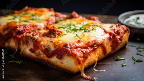 Square Pizza with Thick Crust and Sauce Over Cheese