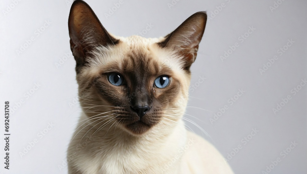 A Siamese cat with captivating blue eyes and a dark brown face looks calmly at the camera in a simple, elegant studio environment.