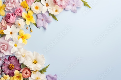 Fresh spring flowers on a monochrome background. Place for text, top view. Holiday concept. © Наталья Майшева