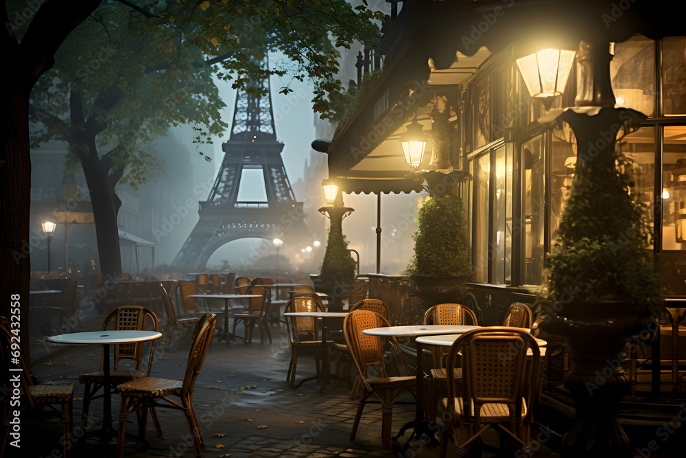 Early foggy morning on a fictional street in Paris - obrazy, fototapety, plakaty 