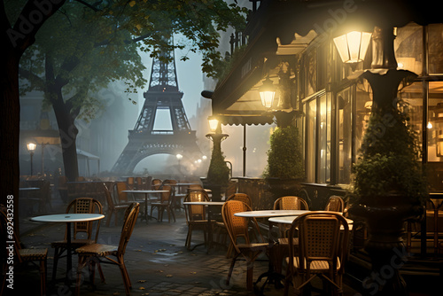 Early foggy morning on a fictional street in Paris