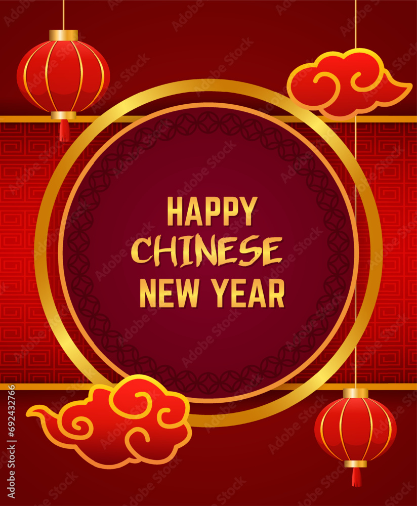 Chinese new year illustration red ornament background with asian elements, lanterns and round banner