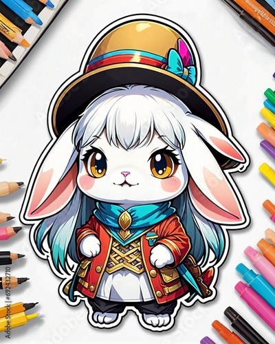 Detailed illustration of a cute little rabbit wearing a Hemin Kaminski hat cute stickers photo