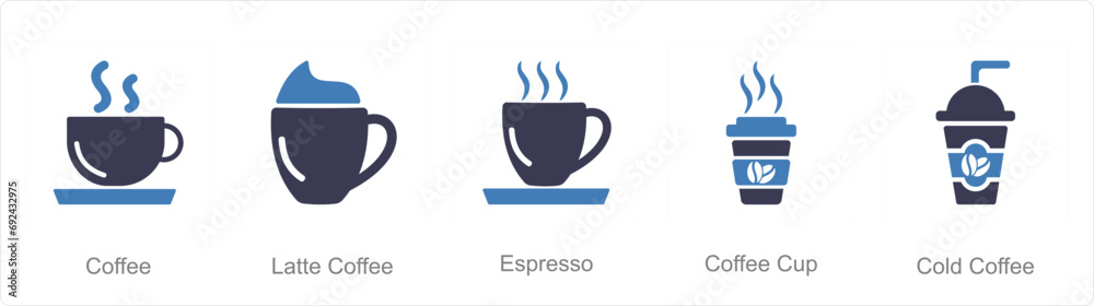 A set of 5 Coffee icons as coffee, latte coffee, espresso A set of 5 Coffee icons as coffee, latte coffee, espresso