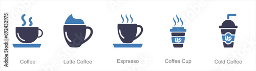 A set of 5 Coffee icons as coffee, latte coffee, espresso