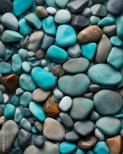 a close up of a bunch of rocks, rocks blue wall, turquoise, smooth rocks, many small and colorful stones