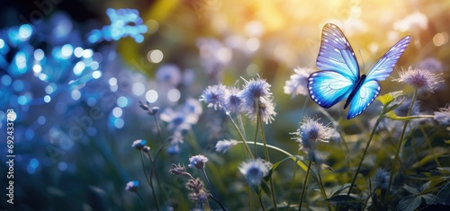 A butterfly flies around in a blue flowering meadow in spring. #692433723
