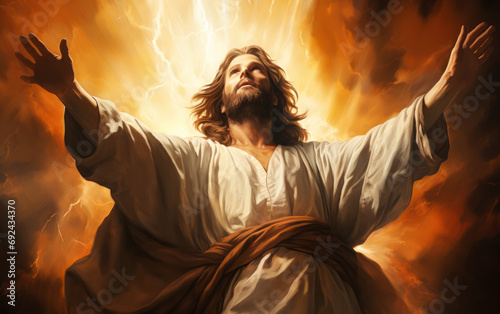 Spiritual portrayal of Jesus Christ in robes raising hands towards heavenly light in divine revelation and grace, with a dramatic, glowing background photo