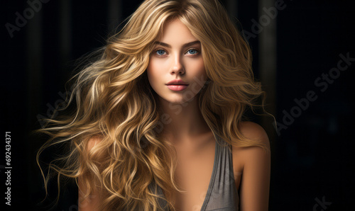 Portrait of a stunning female model with luxurious flowing blonde hair and captivating blue eyes on a dark background
