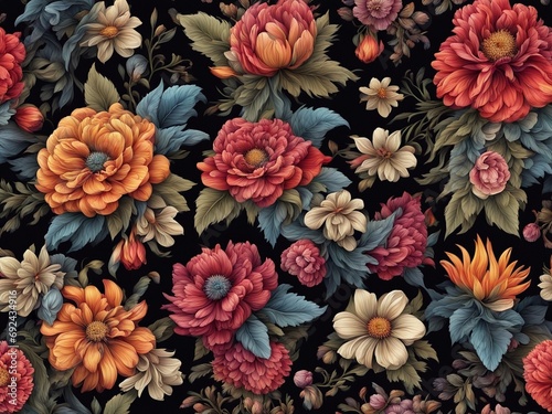 a bunch of colorful flowers on a black background, dark flower pattern wallpaper, intricate flower designs, flowers background