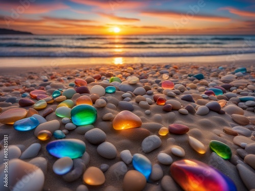 a rainbow of rocks on the beach at sunset, which shows a beach at sunset
