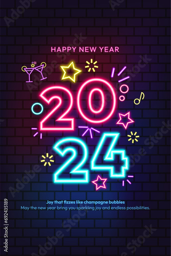2024 Neon Letters Happy New Year, glowing icon on brick wall background, Signboard neon light effect on brick background, Web banner, Poster, Flyer, Greeting card, Ticket for Party, Music Festival