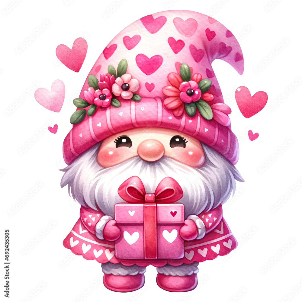 Fototapeta premium Red Valentines Gnome Clipart, Watercolor Gnome Valentine's Clipart, Romantic and Festive Gnomes for Valentine's Day Designs