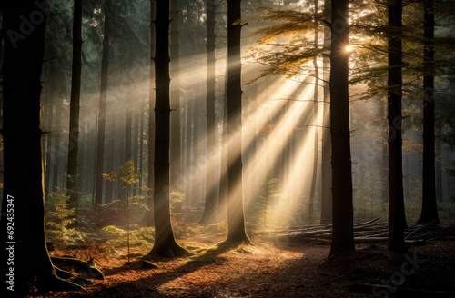 Sunlight falling into a forest in the morning in spring.