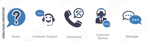 A set of 5 Contact icons as query, customer support, assistance