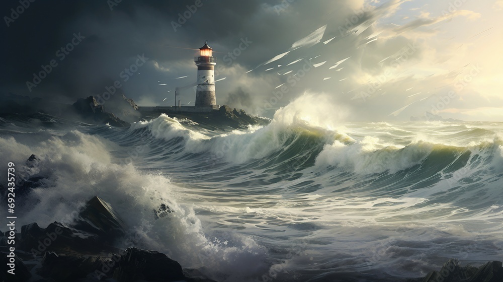 Waves Dancing with the Lighthouse on Transparent Background, PNG, Generative Ai