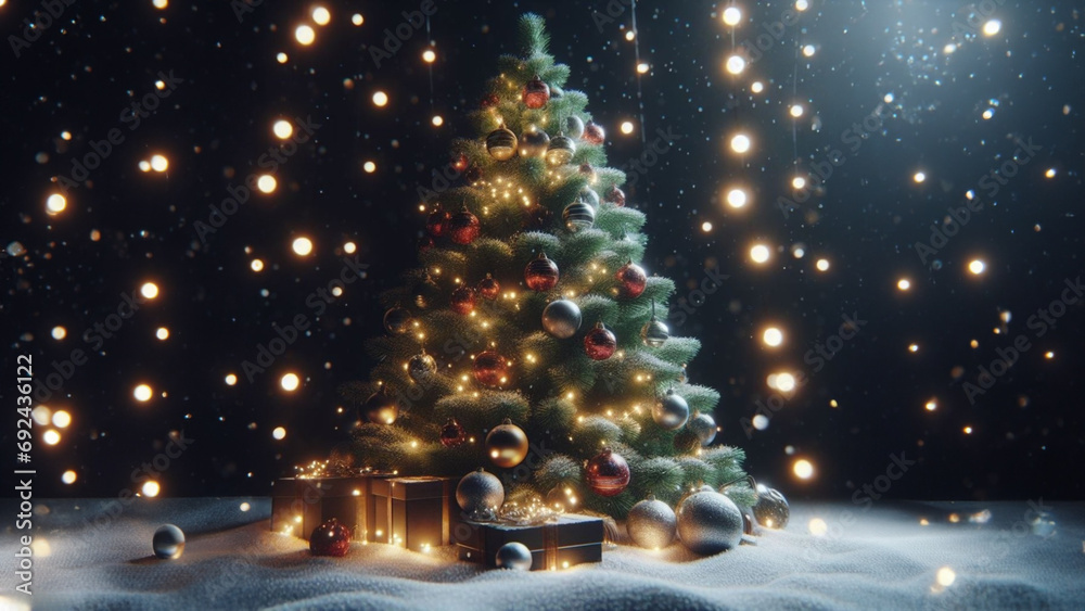 a christmas tree with ornaments and lights on it, a 3D render, pixabay ...