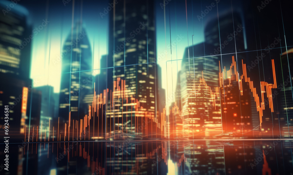 city skyline and  financial chart on double exposure 