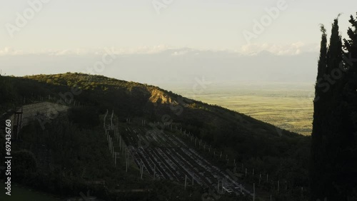 Peaceful Georgian landscape. View of the Caucasian ridge and valley near the Bodbe Monastery. Mountains, nature. photo