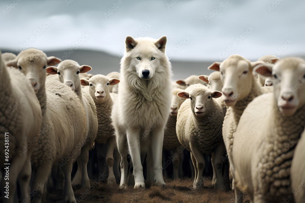 Deceptive Wolf in Sheep's Clothing - Generative AI - obrazy, fototapety, plakaty 