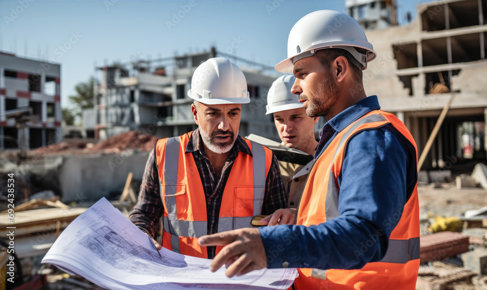 Professional engineers discussing about blueprints and effectivity at construction site