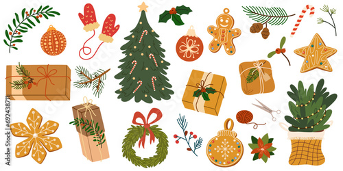 Christmas big set of elements with gingerbread cookies, Christmas tree, toys, presents, fur tree, mittens. Stickers set. Winter holiday decorations. Vector hand draw illustration isolated photo