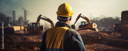 Worker from behind with yellow helmet on constructon site. Industry concept