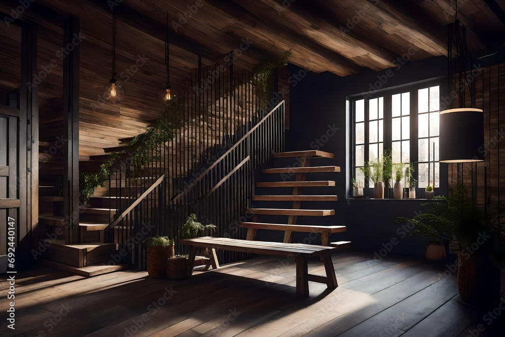 Loft Entrance Hall with Staircase and Rustic Wooden Seating