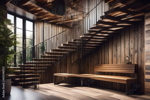 Loft Interior with Staircase  Wooden Bench  and Concrete Wall