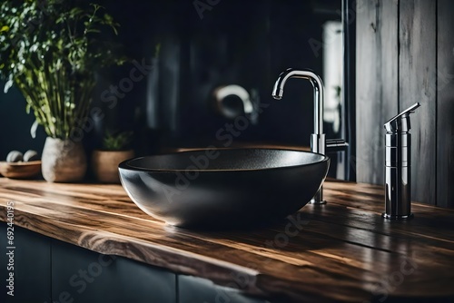 Wooden Countertop Hosting a Black Vessel Sink and Modern Faucet