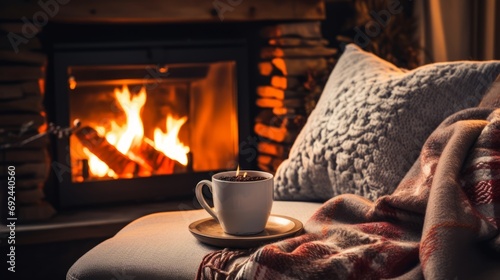 a mug of hot tea stands on a chair with a woolen blanket in a cozy living room with a fireplace. Cozy winter day