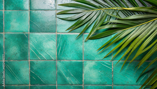 Fundo fotográfico que retara uma parede texturizada verde água com detalhes de folhas de palmeiras para a divulgação de produtos photo