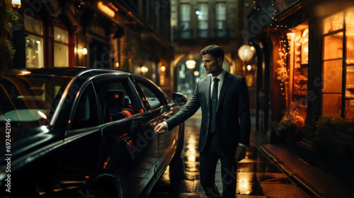 Handsome man in luxury suit standing near luxury car in night city and open door.