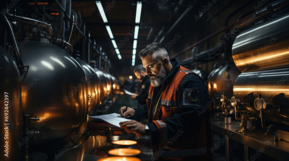 Mature man working in brewery. He is checking the quality of beer. Mature man working in brewery. He is checking the quality of beer.