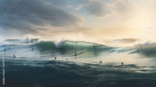 surfers swimming towards waves in the ocean