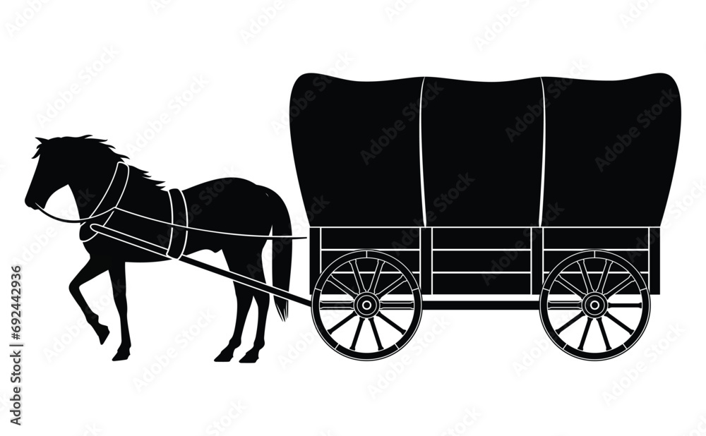 Wooden covered wagon with horse isolated on white, black silhouette ...