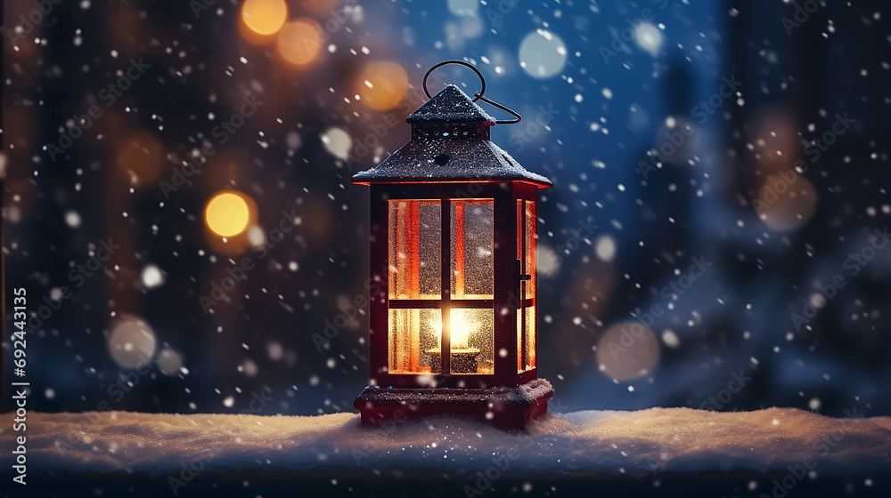 Christmas lantern on wooden table and snowfall Christmas lantern on wooden table and snowfall