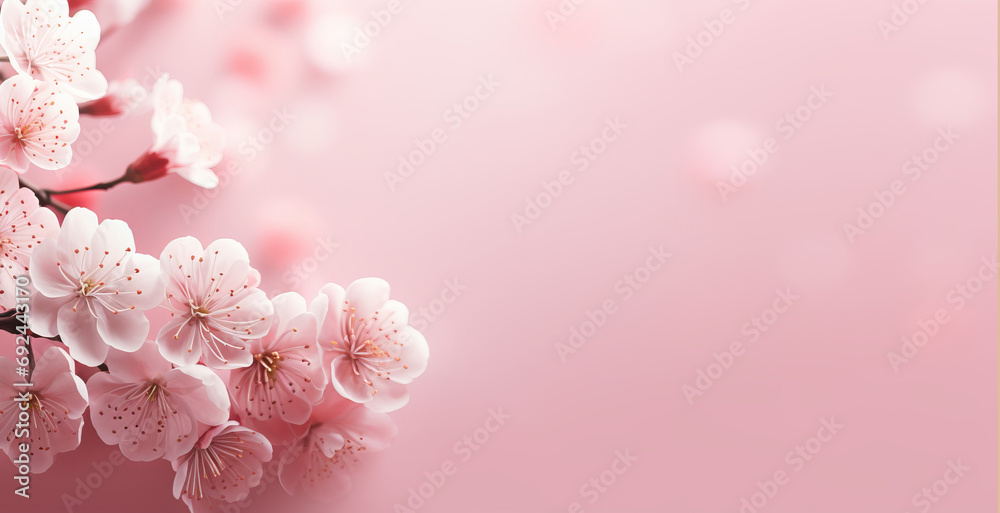 Delicate pink watercolor spring background with flowers. Copy space - obrazy, fototapety, plakaty 
