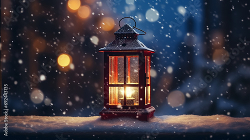 Christmas lantern on wooden table and snowfall