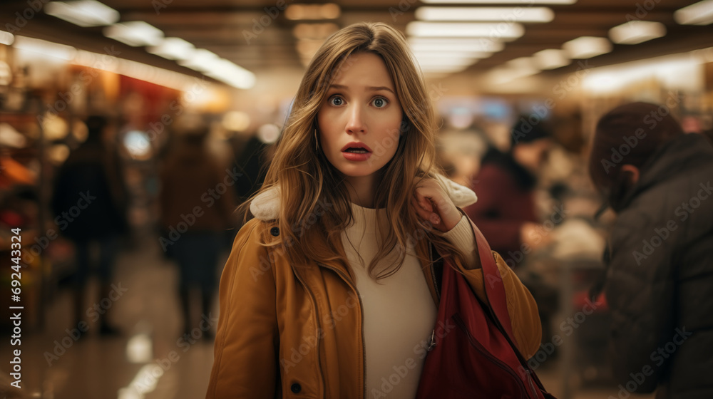 Donna in supermercato con espressione spaventata, in stato di stress - obrazy, fototapety, plakaty 