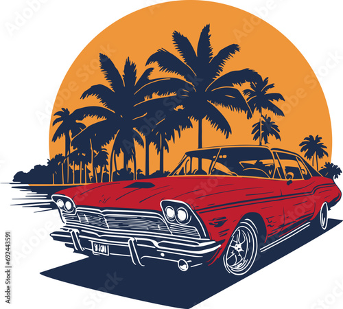 Classic american car style. Vintage vehicle vector illustration. Modern print design of retro machine.
