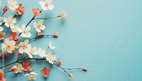 Minimalistic background with spring flowers on a soft delicate background. Copy space