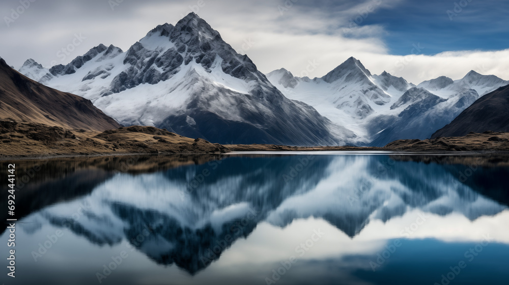 Mirror Reflection of Snowy Mountain Range in Calm Lake