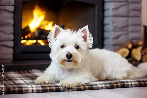 A cute little dog warms himself near the fireplace in winter. photo